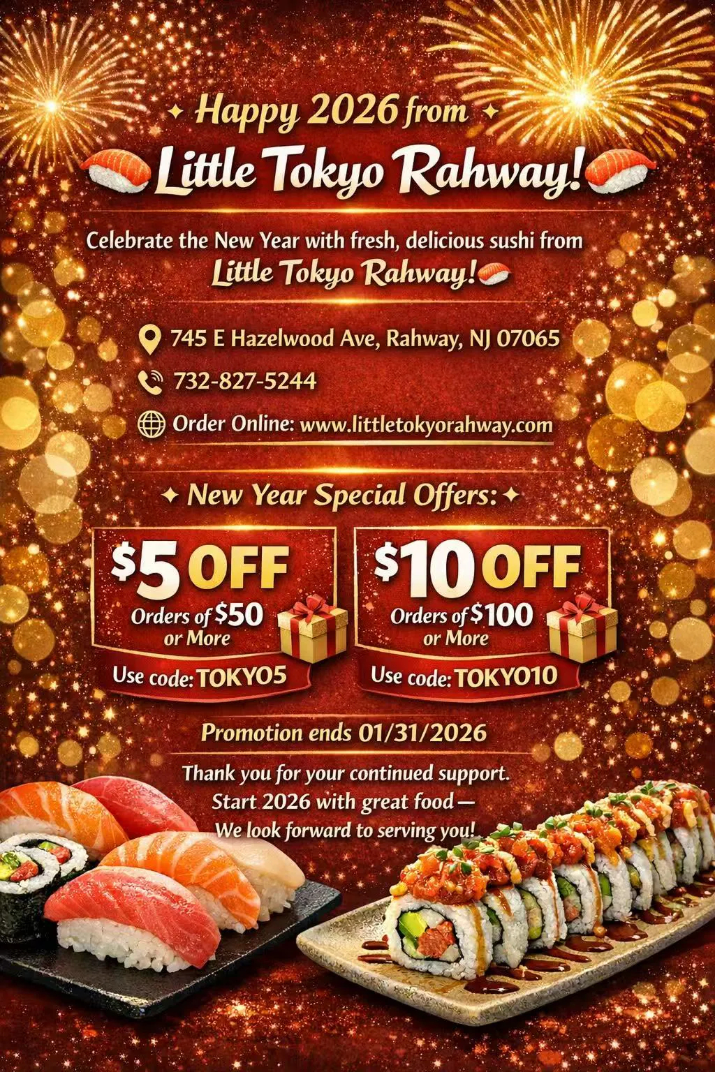 New Year 2026 promotional flyer for Little Tokyo Rahway featuring sushi platters, fireworks, and discount codes TOKYO05 and TOKYO10.